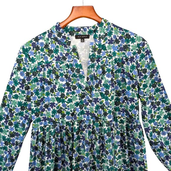 Aly Daly Floral Midi Dress Green Multicolor Long Sleeve Pleated Boho Size M - Picture 3 of 9